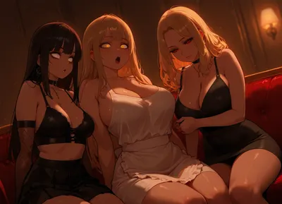 Three hypnotized girls on a sofa, the first girl is goth, the second woman is a MILF wearing a summer dress and an apron, and the third girl is wearing a skimpy club outfit with a crop top and a skirt. Straight rigid sitting position, realistic proportions, open mouth, empty white eyes, hypnosis, mind controlled, brainwashed, daylight, saturated, living room, (Three women:1.2), fully covered chest, white, sclera, eyes, glowing, <lora:white sclera v2:1>