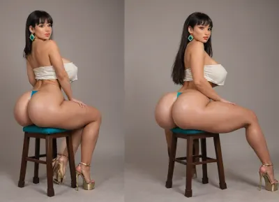 Hyper realistic, award winning photo, 20+, Hourglass, fit, voluptous, hyper bbl, cosplay, chel from road to el dorado, sitting on a chair back to viewer, spreading ass wide open, stretching ass cheeks apart, huge heart-shpe ass, (Large Ass:1.3), rounded bubble butt, bulging ass, deep ass crack, huge heart-shpe buttocks, bulging butt, extremely tight butt, bubble bubble butt, extremely juicy bubble butt, round ass, back arched, cocked hip, feet spread wide apart, looking back at viewer, large Breast, large natural teardrop breasts, 38 double g breast size, pink areolas, (hyper erect nipples:1.3), hyper prounounced nipples, straight hair, Form Fitting Clothes, micro thong, g-string, tone Thighs, wasp waist, lean, tan skin, medium tan, (tan lines:1.3), hinata face, round face, large round eyes, dark brown eyes, dark brown hair, arrogant expression, jewelry, exposing breasts, seductive, inviting, enticing viewer, dynamic sexy pose, hdr, highly detailed, huge wide hips, thick tone thighs, thigh gap, perfect body, thighs bigger than waist, wide hips, tone long legs, heels, (5 inch heels:1.3), hyper sultry, hyper suggestive, hyper provocative, ass, hips, narrow, waist, longnips, large, breasts, big, boobs, huge, tits, side view, rear view, front view, <lora:BodyLicious:1.3>, <lora:longnipsxl:1.5>, <lora:bombshell_v2:1>
