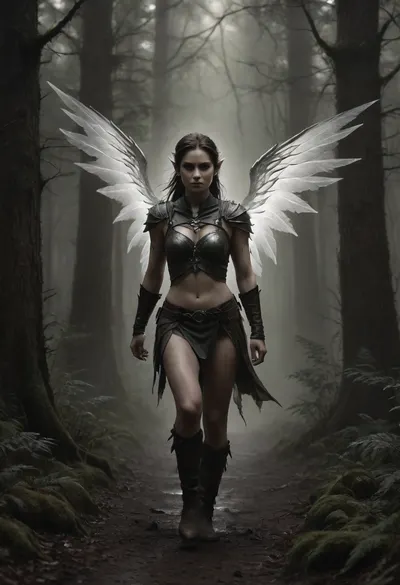 A breathtaking sexy 25-year-old female woodland runner, inspired by the character of Strider from Tolkien’s universe. She is half nude dressed in earthy tones and leather in a hot style, exuding a mystical and sexy aura as she moves gracefully through a Tolkien-inspired forest. In the distance, elven structures hint at ancient magic. The atmosphere is magical and mysterious, with dramatic lighting and soft ground fog, yet the scene remains warm and inviting. The woodland runner is not armed like a warrior, but is confident, self-assured, and incredibly beautiful, blending seamlessly into the enchanting forest environment, hvrn, heavy, rain, Black, and, white, art, black, shading, charcoal, toned, brutal, dark, b/w, color, scheme, haze, elven, architecture, face, mask, girl, scar, wings, glowing, armor, <lora:Heavy_Rain_XL-000008:1.8>, <lora:Black and white art.V1:.5>, <lora:EnvyHazeSliderXL01:1.9>, <lora:EnvyElvishArchitectureXL01:1.9>, <lora:Clariss_The_Hot_Cyber_Warrior-000009:1.8>