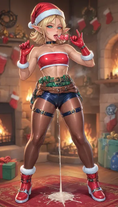 (reiq art style:1.1), (masterpiece art style:1.1), (beautiful muscular mito ikumi from shokugeki no souma:1.6), green eyes, blonde hair, short hair. tan line skinned, (gyaru skin:1.4), 1girl, solo, alone, muscular arms, sexy figure, and wide hips. muscular legs, thick thighs, round ass, (muscular body), (lustful face), (Christmas), (fireplace), (standing lustfully porn posing:1.4), (dripping droll licking a Christmas chocolate candy:1.3), (gear elf hat costume:1.5), (tight gear mini tubetop:1.5), (gear pantyhose:1.5), (gear Low Rise booty shorts:1.5), (gear gloves:1.3), (gear belt:1.5), (elf shoes:1.53), (camel toe:1.4), (sweaty dripping heavily off over body:1.3), (body Sweaty:1.6), (cum thick dripping coming excessive out of pussy:1.4), hardcore, perfect fingers, A masterpiece of the highest quality, the work of a real master, bouncing breasts, bouncing ass, seductive, seductive eyes, black choker, steam, sweat, full body in view, <lora:cartoon_stickers_xl_v1:.1>, <lora:hentai_anime_style_xl_v1:1.2>, <lora:nier2b_agnxl4:1.2>