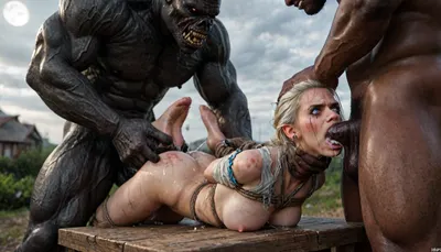 (jaina proudmoore from warcraft), slender, glowing blue eyes, long white hair, ghostly aura, large pointy breasts, (small nipples), (angry:1.7), (mascara tears), (wide eyes:1.2), ripped clothes, amazon, giant, fur barbarian armor, bloody, blood spatter, bear, bear heart, (in a bloody filed after a battle, white full moon in the sky:1.4), ((analrape spitroast)), ((large cock in mouth:1.12)), (cum explosion from mouth:1.125), shocked, deep anal penetration, (man is choking her from behind:1.2), cinematic_lighting, blush, ((gangbang_rape, doubleanal_rape, arms_behind_head, nsfw:1.24)), ((hogtied, bound with large chains, tied to a torture table:1.3)), cock in mouth, (brutal face fuck), Blowjob, (tears in eyes:1.5), (running makeup), (cum drips from nose:1.3), ultra hd, photorealistic, hyper gigantic large black cock in mouth, (((hyper gigantic large black cock in mouth:1.12))), oral cream pie, hair grab, sad, sad crying, tongue out, gasping for air, gangbang, double anal penetration, anal spitroast, groupsex, deepthroat, (4 gigantic African black brute thug, huge trunklike arms, huge head, hyper muscular body, dressed in slave clothes:1.32), ((hogtied, bound for sex, tied up)), (eyes wide open in horror:1.72), (wide mouth spreader:1.8), (pleading expression:1.56), (terrified:1.48), (crying:1.48), (fear and panic:1.56), (hands pulling nipples hyper hard:1.12), nipple clamps, Uber realistic, 8k, ultra detailed, masterpiece, arched back, detailxl, 35mm photograph, film, professional, 4k, 1girl, 5 boys, hdr, photographic, ultra realistic, ultra high details, back light, gargantuan black cocks, anal sex expansion, large hyper muscular fat old men, (double anal sex), swollen white veiny cocks, (double anal penetration), hardcore double penetration, proper physics, big white cocks, muscular white double anal gangbang, (forceful penetrations), extremely graphic, shocked expression, beautiful hands, massive cum in ass, defeating a woman in combat, fighting, killing, blood, winning fight, magazine cover, Realism_Quality_2xx_By_Stable_Yogi, score_9, score_8_up, score_7_up, (((very pretty face:1.3))), (((extremely ultra detailed face:1.3))), perfect fingers and hands, (very high view angle:1), (extreme size difference:1.12), 4k extremely graphic, high detail, porn photoshoot, (eyes wide open in horror:1.44), (wide mouth spreader:1.5), (terrified:1.44), (crying:1.85), UHD 8K, (full body photograph:1.1), (whip marks:1.44), (whipped tits:1.44), professional photograph shot on kodak, 35mm photo, sharp focus, high budget, cinemascope, 100 mm lens, 1/250 s, f/2.8, ISO 300, <lora:LCMTurboMix_Euler_A_fix:2>, <lora:JuggerCineXL2:2>, <lora:detailed_notrigger:2>, <lora:photorealistic_portrait_notrigger:2>