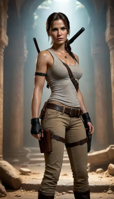 Lara Croft is inside a tomb, searching for ancient artifacts, wearing classic Lara Croft clothes, holding two pistols, and Lara is a very beautiful, brutal heroine.