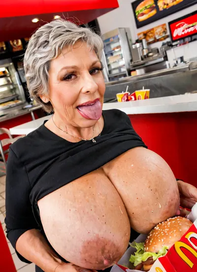 60 years old grandmother loves burger, oversized massive siliconed boobs, real grandmother style, McDonald fast-food High detailed photo, high quality photo, sensual grandmother