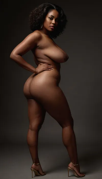 **Subject, ** A striking 45-year-old Creole woman with deep brown skin, exuding confidence and sensuality. Her physique is lush and full-figured—wide hips, a pronounced derriere, and small, naturally sagging breasts with wide oval areolae, portrayed with unapologetic realism. Hair styled in a chic, short French bobcut, framing her face elegantly. Bold accessories, oversized oval earrings, a chunky layered necklace, and stacked bracelets for a statement look. **Attire & Pose, ** Full-body portrait, (no mirrors or reflections), wearing only minimal strappy high-heeled sandals, (18cm+), to accentuate her legs—focus on elongated calves, arched feet, and the tension of her posture. Suggestive yet tasteful framing to highlight leg fetishism, (ankles crossed, one knee slightly bent, or a dynamic stride caught mid-motion), . **Scene & Lighting, ** Clean industrial-chic aesthetic with a matte grey concrete backdrop, emphasizing texture contrasts. Daylight streams sharply from one side, casting dramatic shadows—deepening the interplay of light on her curves. Atmosphere is electrically charged, blending eroticism with a cinematic, almost noir tension. **Style/Mood, ** Hyper-realistic photography with subtle chiaroscuro for depth. Skin details rendered authentically—fine lines, natural sheen, and subcutaneous texture. Composition balances vulnerability and power, avoiding overt vulgarity. **Technical, ** Ultra HD, 8K resolution, DSLR-style depth of field, (shallow focus on extremities like heels or fingers to draw the eye), . Avoid artificial filters or excessive retouching—preserve human imperfection. **Keywords for Model Guidance, ** *Dramatic portraiture, leg worship aesthetics, neo-noir lighting, mature beauty, haute couture sensuality, unretouched realism.*, <lora:sagging-000015:.5>, <lora:Torpedo_Tits_Anime-GMR-000007:.7>