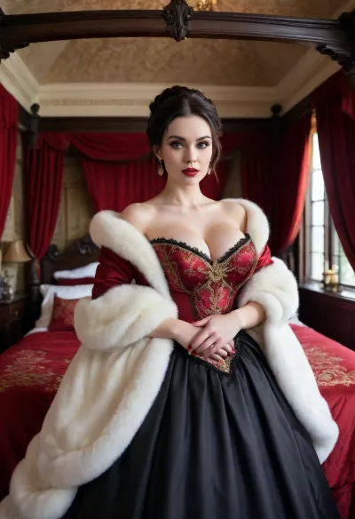 (Gothic aristocrat), very pale skin, Confident smirking 30 year old, luxurious red silk bedsheets, dark gloomy haunted castle bedroom, (victorian era noblewoman in black ballgown dress with red and gold embroidery, standing in front of bed), medieval era mansion bedroom, ((wooden canopy bed with red and golden accents bed curtains)), pitch black hair in a hair bun, arms crossed under breasts, many many pillows, embroidered ball gown, hourglass ballgown, wasp waist, white fur shawl, ((hyper bimbo lips, hyper bimbo), Hyper breasts, top heavy, huge breasts, hyper tits, gigantic tits), large, breasts, big, boobs, huge, tits, <lora:bombshell_v2:.8>