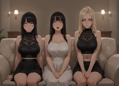 Three hypnotized girls on a sofa, the first girl is goth, the second woman is a MILF wearing a summer dress and an apron, and the third girl is wearing a skimpy club outfit with a crop top and a skirt. Straight rigid sitting position, realistic proportions, open mouth, empty white eyes, hypnosis, mind controlled, brainwashed, (Three women:1.2), fully covered chest, white, sclera, eyes, glowing, <lora:white sclera v2:1>