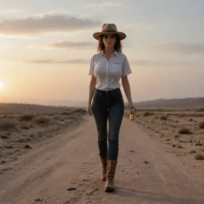 solid 35-year-old Turkish woman with an sexy slim body, gigantic breast, tanned skin and a calm dominant expression, walking down a dusty empty desert road at sunset away from an old rusted pickup truck, inspired by Budd’s world in Kill Bill Vol.2, dry sand, scattered debris, long orange shadows, heat haze and fading sunlight behind him, (a medium-length rugged Turkish layered haircut with a clean sharp hairline), (a dense Turkish barbershop beard with crisp defined edges), wearing a white cowboy hat, a bright electric-blue western pearl-snap shirt, black cowboy trousers, and black leather cowboy boots, holding a bottle of whiskey loosely in one hand while walking with slow heavy steps, cinematic warm sunset lighting emphasizing his extremely dense silhouette and the dusty horizon, shot on a 50mm f/1.4 lens for gritty western-desert atmosphere