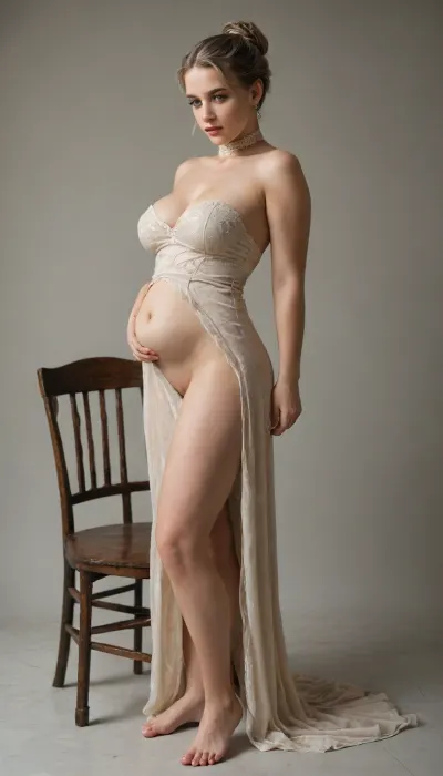 ((side view)), A stunning European blonde, her skin glowing with an untouchable elegance, dressed in a long, crimson evening gown adorned with shimmering rhinestones that trace the contours of her voluptuous figure. The garment clings to her body, (Clutching, ((soft belly))), revealing a slit that extends from her ankle to mid-thigh, offering a tantalizing glimpse of her flawless, porcelain skin. Her hair, a cascade of golden waves, is meticulously pulled back into a sleek ponytail, with a few loose strands framing her arrogant yet alluring face. The dress's neckline plunges dramatically, showcasing her ample cleavage and the exquisite diamond choker that graciously hugs her neck. On her ears, dangle matching diamond earrings, glinting in the soft cabin light of the luxurious private plane. Her posture is one of power and confidence, with legs wide apart in a deliberate stance that accentuates the curves of her hips and the swell of her breasts. As she stands with one hand resting on the plush leather chair, the other holds a crystal champagne flute, filled with a fine, bubbly liquid. Her pussy, uncovered and visible, is a testament to her unabashed sexuality and the unspoken invitation she seems to extend to those who dare to look. The opulent setting of the aircraft, with its plush carpet and dark wood panelling, serves as a stark contrast to her bare, exposed flesh, heightening the sense of erotic tension. Her gaze is haughty yet alluring, challenging the onlooker to dare approach her in this exclusive domain high above the clouds. The picture captures a moment of unbridled sensuality, the woman's beauty and confidence demanding attention and adoration from all who lay eyes upon her.