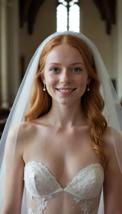 Close up, Pov, 25yo skinny ginger Swedish girl fucked in the anus by 1man. Perfect fit and slim skinny body, beautiful face, body freckles, green eyes, very long elegant long hair, small natural breasts, flat belly, thin waist, thin thighs, ginger pussy. Wedding dress with wedding veil, earrings. In a church. Big smile.