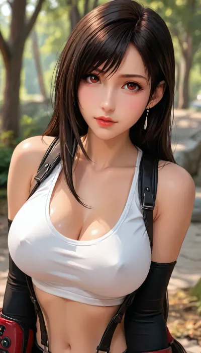 ((Tifa Lockhart from Final Fantasy)), reiq style, masterpiece, ((1woman, 8k resolution, ultra-detailed)), simple forest background, solo, facing horizon, big breasts, ((Tifa Lockhart cosplay)), long black hair, red eyes, large breasts, Sexy Girl, (Shiny Skin), ratatatat74, SamDoesArts, Tifa, Lockhart, <lora:LCMTurboMix_Euler_A_fix:1.1>, <lora:ratatatat74-000050:1.8>, <lora:焦茶_XL:2>, <lora:SDXLSamDoesArts:1.6>, <lora:Tifa-Lockhart-Pony:.8>