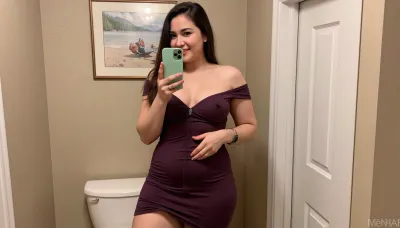 a fully nude, (entire body), of a Hispanic woman that is not muscular, 5'9" in height, and about 180lbs in weight, XL size in clothing, 34" waist, 42" hips, she has medium-sized teardrop breasts, slightly saggy, (34C breast cup), noticeable belly, and measurements must reflect on her body shape. She is taking a selfie in a bathroom mirror using a green iPhone. She is wearing a form-fitting, off-shoulder, dark purple dress that accentuates her figure. Her long, dark hair cascades down her shoulders. She is smiling and has a ring on her left hand. She is also wearing a smartwatch on her left wrist. The bathroom has beige walls with a subtle pattern, a white toilet, and a framed picture on the wall., h41ry, puffy, nipples, dark, ghost, wide, Curvy, body