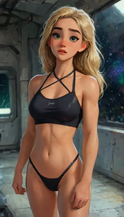 eva elfie, woman, female, mature 25 years old, long blonde hair, messy hairstyle, green eyes, freckles, uggly, wearing cross over halter neck cross over crop top, abs, jogging bottoms, sneakers, eye contact, cyberpunk, in space, dark starship, uggly window, stars, high detailed, close to face, portrait, perfect anatomy, 8k, insane details, intricate details, hyperdetailed, hyper quality, HDR, ray tracing reflection, cinematic lighting, highlydetailedbody, realisticface, highlydetailedhair, perfectfingers, insanelydetailed, 8K.highdetailedskin, highresolution, (j_cartoon:1.5), Drawing, uberfit, muscular, athletic, evaelfie, <lora:evaelfie_XLv1:2>, <lora:detailed_notrigger:2>, <lora:samdoesarts1.1-000030:.4>, <lora:J_cartoon:.3>, <lora:Animated_Concept:.4>
