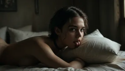 Very intimate photo, homemade, nocturnal scene, (night time:1.4), (((gorgeous 19-yo 155cm tall woman lying directly next to you on the bed raising her ass in the air in anticipation))), ((close-up from the pillow next to her)), ((very close from level and ahead)), ((very close on face)), masterpiece, award winning photo, She is lying down cozily in her bed raising her ass into the air, ((looking directly at the viewer)), ((side view with her head still on her pillow, view from pillow next to her)), ((head on the pillow)), ((seductively holding a smoothie white dildo next to her face and licking it as she stares into your eyes)), (((dry clean skin))), ((On an unkempt bed with dark grey sheets and fluffy dark grey duvets)), .

She is lying in the bed, (face pressed into a fluffy soft pillow), 1.8, shoulders and head on the bed and ass raised in the air, naked, stunning, waiting patiently for the viewer, skinny hips, thin and lithe body of a yoga instructor, (a slight excited smile with an expression of sleepiness mixed with eagerness mixed with a ritualistic readiness to be fucked any time you are ready), 1.5, breathing heavy, (very short pixie cut asymmetric emerald green hair), highly detailed hair, highly detailed green eyes, freckles, nice teeth, skinny waist, small a-cup tits, cute, aesthetics., pale skin, raver girl body, emo, round head, petite waist, wearing a leather choker on her neck, leather straps on her wrists and ankles, close up on, full body visible, random pose with proper light, proper shadows, very realistic pussy, very realistic anus, ultra detailed skin, <lora:MJ52:.9>, <lora:add-detail-xl:.5>, <lora:Randommaxx_dark_offset_v1.1_lora_fp16:.6>, moonlit, ultra detailed, hyper realistic and detailed faces and emotions, <lora:dark:.5>