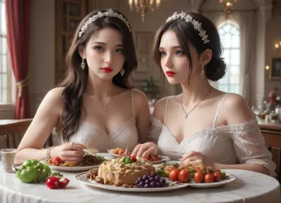 The image depicts a lavishly set dining table, laden with food and beverages for a festive occasion. There are platters filled with fish, a baked meat dish, and a variety of wines and spirits. Beautifully prepared desserts, as well as bowls of grapes, pears, and other fruits, are displayed. Elegant glassware and dinnerware surround the dishes. Floral arrangements serve as centerpieces, adding to the opulent atmosphere.
Today was my birthday, and I decided to celebrate it in a special way. I put on green eye shadow and bright lipstick. My sister also decided to join me in this unusual celebration.
Together, my sister and I filmed in the nude. We have milk running down our thighs, and we only wear stockings. I put the words "boob" on my sister's boobs with lipstick. My sister also did not stay away and painted hearts all over her body with lipstick.
But that wasn't all. I decided to go even further and entered the anus with a bottle of champagne in. I put lipstick on my lips and started masturbating . I could feel my vagina filling with moisture, and I applied green shadows to its edges.
lactation, sprayingmilk, ChristmasDecorativeStyle, <lora:Perfect_Eyes:2>, <lora:lactation_XL_0_:1>, <lora:ChristmasPostcardStyleXL:1.7>