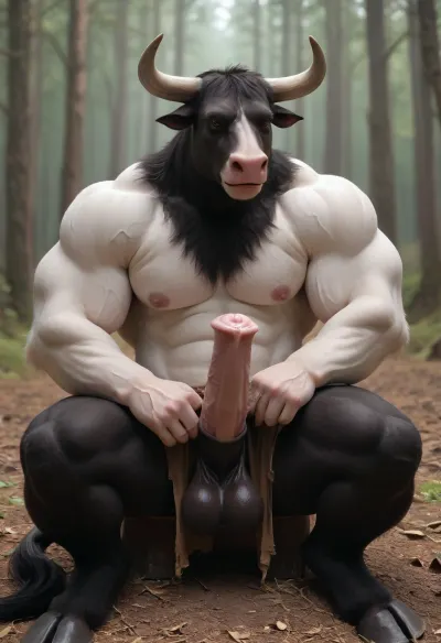 1solo furry humanbull, furry bull, solo, front view, full figured big anthro furry bull jerks itself off, in the forest, huge equine cock, big ass, wide open asshole, hard erection, full exposed, hooves, horse phallus, horse penis, equine cock. Bovine humanoid. Horns. White fur. Bulky. Oversized muscles. Body builder. Muscles. Body covered in white fur with large black spots. Cow colors. Flared cock. Bulky. Cow tail. Bulging veins muscles. Black fur spots. Mastubating. Stroking his horse penis. Sitting down. Cumming. Hand wrapped around own dick, Minotaur, monster, creature, loincloth, shoulder, armor, <lora:MinotaurXL:.8>