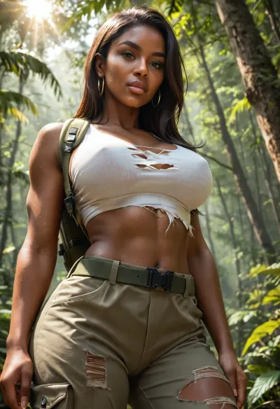 (Upper body shot), (from below), Masterpiece, Ultra detailed, High res, High resolution, 1girl, solo, (African-American woman), ((caramel skin tone)), (black woman:1.2), with perfect feet, beautiful face, (round shaped face:1.4), (round face), 35 year-old black milf, perfect skin, smooth skin, long black hair, long hair, (perfectly straight hair:1.4), hair down, large red lips, (full lips), (full cheeks), (defined jawline:1.2), beautiful, (dark brown eyes), thin arched eyebrows, detailed eyes, detailed hair, detailed lips, black chronograph watch, (Large DD-cup naturally Perky breasts), (large round ass:1.2), (wide hips), (thick thighs:1.2), (Her clothes are stained and dirty:1.4), (sweat stains on her shirt:1.4), (tight white tank top lifted up over her breasts:1.2), black sports thong seen under the pants, (ripped clothing:1.4), (ripped brown khaki cargo pants:1.4), (brown hiking backpack), (brown hiking boots), (brown tactical belt), (sweating:1.2), (Revealing her breasts:1.4), (In a very dense rainforest jungle), (sun rays shining through trees behind her), (dark rainforest), (dense forest), (backlight), dark and moody atmosphere, soft ambient haze, warm tones, light rays, shallow depth of field, dramatic light, cinematic, photorealistic, 85mm lens, ultra-high resolution, sunlight coming through the window, creating a shadow on the wall, <lora:Detailed_female_hands-000001:1.1>