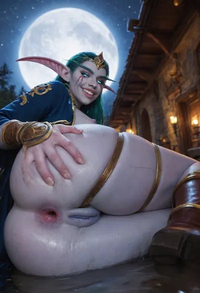 (Realistic Night elf woman, warcraft:1.5), (night elf architecture:1.5), (eversong woods:1.4), (blue long surcoat, gold trim:1.2), (night elf bracers, night elf boots), jeweled armor, moon well with arches, (ornate circlet), ((crecent moon motif armor)), ornate moonwell, night elf outpost, (ceremonial lavender armor with golden trim:1.4), (hand on her ass), exposing anus, (side sitting:1.4), sitting on side, (ass focused), (tiny anus:1.35), fat ass, flagstone, (extremely long teal hair), (magical blue eyes:1.65), blue eyes, ((long pointed ears, elongated eyebrows)), (muscular physique:1.4), (blue skin:1.7), ((puffy lips)), (wet lips, shiny lips), (full lips:1.5), (elven face markings:1.2), dynamic pose, magical forest, at night, cool ambient lighting, full moon, dynamic lighting, (square hips:1.6), (huge thighs, dumptruck ass:1.3), tiny waist, ((arched back)), leather buckles, (full body), dipping her bare feet in water, (flat woman chest), (detailed feet, detailed back:1.5), soles of feet visible, night time, moonlight, (intricate shadows:1.4), (realistic image:1.5), NEGATIVE_HANDS, soaking wet ass, thighs, (happy, big smile:1.65), <lora:nsfw-xl-2.0:.8>, multiple straps, (thigh straps:1.3), (leather thigh belt), (blue anus, blue vagina), ((low angle, view from below)), presenting ass, (wet pussy), (wet thighs), (very wet anus), (anal gape:1.5), open asshole, visible rectum