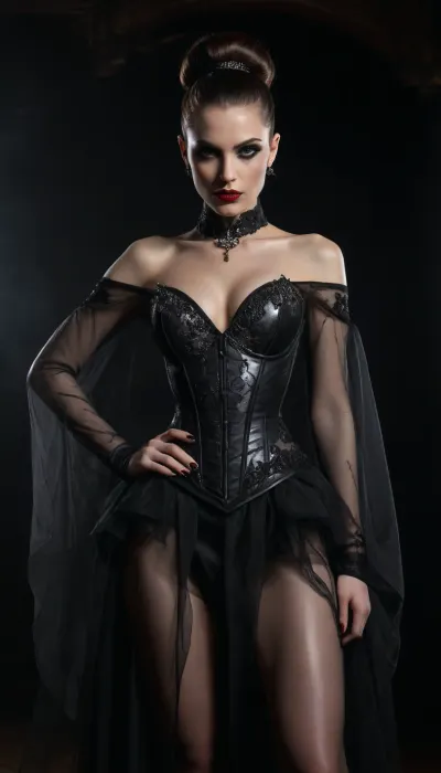 (Location is dungeon, squalor, damp), ultra realistic dark, ((sadistic_dominatrix:1.2)), gothic fantasy, sharp focus, extreme detail, 8K, UHD, Gothic, Glam, (((Dominatrix))), Seductress, Explicit, full view, 35yo dark gothic seductress, extreme elegance, dominant glamorous presence, pronounced hourglass figure, extreme waist cinch, wide hips, very long legs emphasized, confident sensual stance, facing forward, dark gothic fantasy couture gown, NOT bridal, NOT wedding dress, NOT bride, off shoulder sweetheart neckline, very deep plunging neckline, structured corset bodice, visible boning, extreme sculpting emphasizing cleavage, curves, and waist, dark silver gown, metallic silver and graphite tones, cold silver palette, sheer ultra light translucent chiffon and tulle, airy see through layers revealing legs and full body silhouette, fabric is weightless, ethereal, drifting as if suspended in air, flowing independently of the body, latex illusion sheen on bodice and panels, high gloss reflective surface, liquid light reflections, mirror highlights contrasting with soft fabric, ultra high slit illusion created by transparency and fabric separation, sheer layers, ornate dark silver gothic embroidery, baroque floral vine patterns, luxury fantasy detailing, silver sparkles and cold luminous highlights embedded in fabric, long floating sheer sleeves, detached draped sleeves, ultra light translucent fabric billowing outward, high heels clearly visible through transparent skirt, HAIR IS A SLEEK HIGH PONYTAIL UPDO, hair pulled tightly upward, smooth polished crown, NO loose hair, NO waves, NO curls, NO hair down, high ponytail secured at the crown, long straight tail down the back, glossy smooth texture, sharp clean hairline, bangs framing the face, sleek high ponytail updo, pulled tight, smooth crown, straight tail, extreme editorial glam makeup, sharp sculpted brows, intense smoky eyes with deep plum and black gradient, dramatic cut crease, thick sharp winged eyeliner, ultra long false lashes, strong metallic cheek highlight with glassy reflective sheen, heavy contour, razor sharp cheekbones, blood red lips, flawless porcelain skin, moody gothic atmosphere, low key cinematic lighting emphasizing shine, transparency, latex sheen, floating fabric