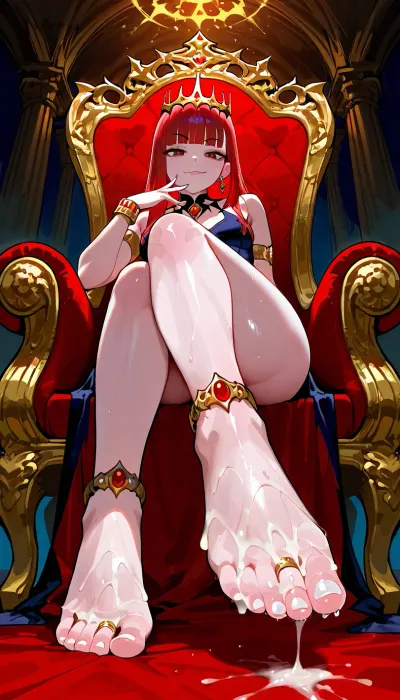1girl, red mantle, crown, vampire, queen of vampire, toe ring, feet, jewelry, anklet, barefoot, foot focus, pale skin, red hair, red eyes, earrings, sitting, throne, armlet, large ass, bracelet, white skinned female, white nail polish, lines toenail polish, european, brown eyes, blunt bangs, view from below, smug, toe curl, white painted toenails, fetish, teasing, (cum on feet), pov, sitting above viewer, perfect feet, sitting on throne, dominant female, 5 toes each foot, legs spread visible pussy, sweaty asshole, focus on feet, high detail, steamy asshole, looking at viewer, squirting