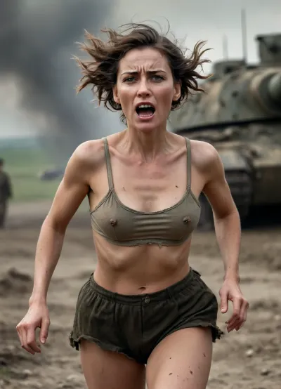 First World War, conscription, tanks, bombed-out landscape. A mature woman in torn clothing, half-naked, her face dirty, running.