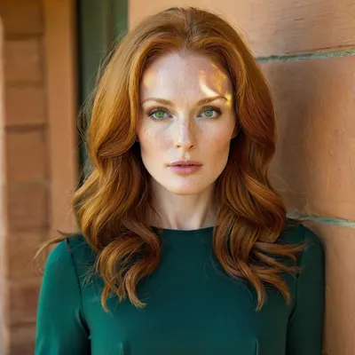 ginger, (young woman), julianne moore look a like, striking red hair, fair "peaches and cream" skin with freckles, and captivating green or golden-green eyes, set in a face with strong bone structure, high cheekbones, and an expressive arch to her brows. Key Facial Features, Hair, Famous for her vibrant, natural red hair, (often described as "fox-like"), .
Skin, Pale, fair complexion, often with noticeable freckles, which she likes to show off.
Eyes, Warm, golden-green eyes that stand out beautifully against her hair.
Bone Structure, Strong, chiseled cheekbones and a well-defined bone structure that lends a sculpted look, even as she ages.
Brows, Well-defined, arching eyebrows that contribute to her expressive face., 4ng3l, face, <lora:SDXL_BetterFaces-LoRA_v1:.6>