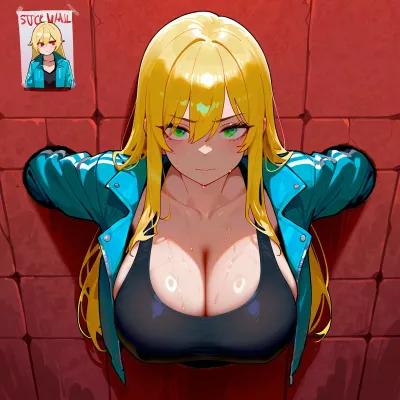 glory wall, green eyes, whore, slur, open clothes, collarbone, red eyes, solo, open jacket, 1girl, long sleeves, large breasts, looking at viewer, sweat, breasts, tank top, black tank top, long hair, blond hair, blue jacket, trapped_in_wall, stuck, in, wall