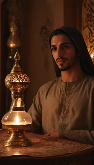 (arab prince in magical golden oil lamp i, n foreground), in background Scheherazade sensual princess from tales from the Arabian Nights watching it, arabian nights ambiance, arabic, calligraphy, dark, skin, <lora:arab_architecture_by_styx:1.5>, <lora:arabic_calligraphy:1.5>, <lora:Darker_skin_SDXL:.8>, <lora:Omani_male:.8>