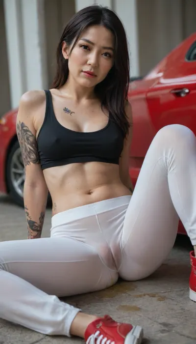 professional photo shoot in modeling style, 45 years old, (MILF:1.5), (asian:1.9), in a black tank top, (white pants), (cameltoe:1.7), (pee dripping:1.3), red sneakers, (tattoo on her arms:1.7), Chinese, (tattoo on her right eye:1.5), realistic, sharp focus, high resolution 8k, insanely detailed, intricate, elegant, summer day, (sitting a red Ferrari:1.6), (small perky breasts:1.7), and very beautiful, very long black hair