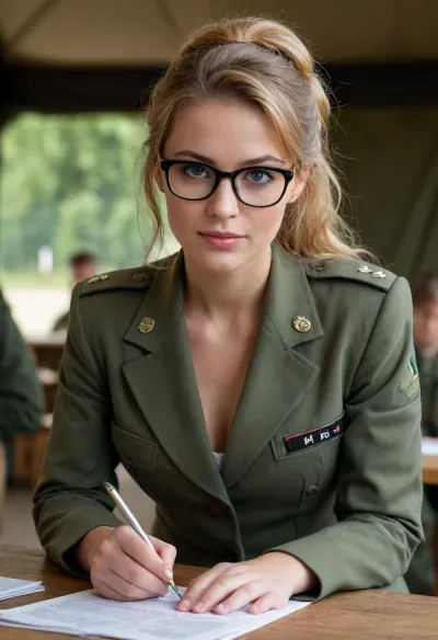 a young sexy german female soldier, she looks straight but sexy, light smile, glasses, sitting at a table in a military headquarters tent, reading a roadmap, she wears a green military trouser suit for women unbuttoned to show her naked breats, strawberry blonde long hair in an up-do, beautiful green eyes, Beautiful detailed face, (perfect eyes:1.1), (perfect skin:1.1), (perfect body:1.1), (perfect hands:1.1), (perfect finger:1.1), (perfect fingernails:1.1), Photorealistic, RAW, analog, best quality, 8k, HD, DSLR, Fujifilm XT3, film grain, award winning