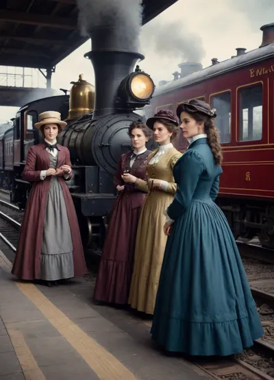 french in 1817, a steam locomotive pulls into the station. A group of women stand on the platform, dressed in elegant nineteenth-century clothing, chatting among themselves.