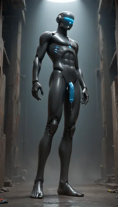 a male robot, robot, not human, dark plastic skin, with a big dark penis, curved down, flaccid, dripping blue luminous cum, standing, legs wide open, side view, seen from below, full body image. robot is huge, imposing, strong, industrial strength, 10feet tall. aggressive look. In a futuristic tech lab.