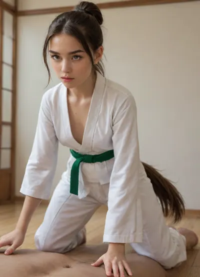 Tall 25yo woman with a wide face and long brown hair in pony tail wearing karate clothes with greenbelt and showing her small tits in doggy style and receives a creampie from a 40 year old man from the front in white karate clothes with blackbelt, in a karate dojo, flat, chested, <lora:flat_chested_v3.5:.1>