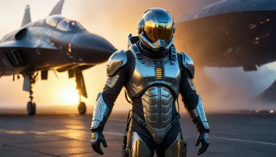 Epic futuristic male test pilot before first flight, intense badass expression, standing in front of SR-71 Blackbird at dramatic dawn with golden mist and rays. Advanced sci-fi pressure suit, high-tech helmet with glowing holographic HUD projections floating around head, integrated oxygen mask with long tube hanging down, anti-G suit with harness, integrated gloves boots, shifting holographic camouflage on suit. Cinematic sci-fi mood, hyperrealistic photorealistic ultra sharp detail glowing effects reflections, 8k --ar --v 5 --q 2 --stylize 650, holotech, <lora:Holotech:.8>