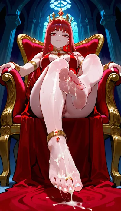 1girl, red mantle, crown, vampire, queen of vampire, toe ring, feet, jewelry, anklet, barefoot, foot focus, pale skin, red hair, red eyes, earrings, sitting, throne, armlet, large ass, bracelet, white skinned female, white nail polish, lines toenail polish, european, brown eyes, blunt bangs, view from below, smug, toe curl, white painted toenails, fetish, teasing, (cum on feet), pov, sitting above viewer, perfect feet, sitting on throne, dominant female, 5 toes each foot, legs spread visible pussy, sweaty asshole, focus on feet, high detail, steamy asshole, looking at viewer, squirting