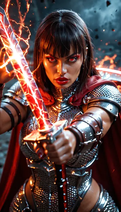 Solo, (demonic woman:1.2), (bimbo:1.2), Bangs hair, shiny skin, red lipstick, cape, chainmail armor, Arrogance expression, energy, glowing, (dynamic pose:1.3), in left hand sword, from above, (close-up)