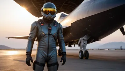 Futuristic male test pilot before his first flight, intense determined expression, standing powerfully in front of SR-71 Blackbird aircraft ready to board at dramatic dawn sunrise. Wearing advanced sci-fi aviation gear, high-tech helmet with holographic HUD display projections around head, integrated oxygen mask with tube hanging downwards, anti-G pressure suit with harness straps, integrated gloves and boots, futuristic holographic camouflage patterns on suit. Epic cinematic sci-fi atmosphere, glowing holographics, mist and golden light, hyperrealistic photorealistic ultra detailed textures reflections sharp focus, 8k