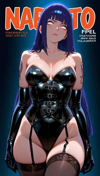 Hinata Hyuga, (Anime naruto style), (magazine cover), 20 year old goth girl, slim toned body, white eyes, (violet long straightened hair), sleeve tattoos, Black latex bdsm corset and stockings, blacked cover