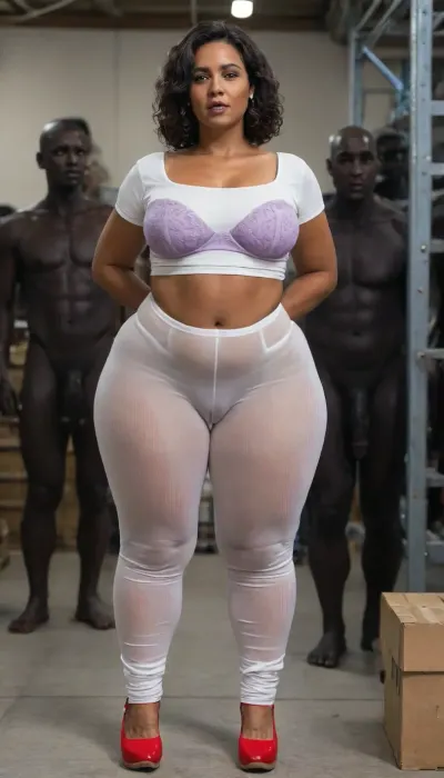 POV Big Cock, ((Mature MILF:1.4)), ((Realistic)), (8k Realistic), 8k High Quality, (Incredibly Detailed), Intricate Masterpiece, (Highly Detailed Skin), (Best Quality RAW Footage), (Highly Detailed RAW Color Footage), 8k UHD High Resolution, (Complex Lighting), realistic, awardwinning, 128K UHD, pi, fBm, sharp focus, (), (1 African American Woman Stands Out Among Men In Warehouse:1.4), Slut, (Realistic Face), (Ultimate Realism), High Detail, Elegant, (25 Year Old White Man:1.4), Beautiful And Sexy Dark-Skinned African American Woman, (Black Skin), (((55 Year Old))), ((Black Skin:1.5)), (ultra black skin girl:1.9), Full Lips, Big Lips, Dark Purple Lips, (((Dark Purple Lips))), Perfect Curvy Body, (Mature Woman:1.8), (Grandma:1.1), Beautiful And Sexy, (Dark-Skinned Woman, (Dark skin:1.5)), ((Long curly black hair)), (BBW:1.8), Fat, Chubby Body, Thick, curvy, big hips, (big hips:1.2), very wide hips, saggy and full C-cup breasts, (flat stomach), thin waist, ((big and thick thighs)), ((saggy and full C-cup breasts:.8)), ((big butt:1.5)), (bulging cameltoe:1.3), detailed face, extremely transparent cloths, Wearing extremely transparent cloths, extremely see through white shirt Revealing a purple bra, Wearing extremely see through white Seamless pants trousers Revealing a Light Purple big satin full coverage high waist full brief panties, (pantylines), (Stand up straight, legs slightly apart), pantylines, epicpanty, hyperass, ass, (Pantylines:1.4), Wear red shoes, ((looking at the audience)), looking at the audience, (eyes open:2), (disoriented:1.3), (Caught cheating:1.3), (looking surprised:1.5), (looking at the viewer:1.5), excited, aroused, tack sharp, 4k, woman, looking at the camera, warehouse background with shelves, ((view from front)), (full body view:1.5), <lora:melanin-XL:2>