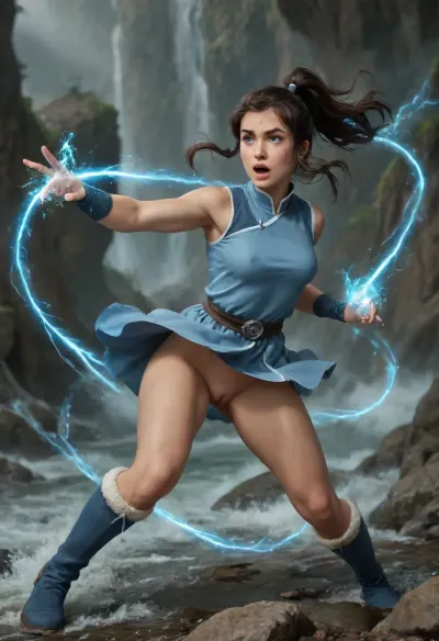 Korra, avatar the last airbender, warry face, shouting, tan-skinned, blue eyes, dark brown hair, hair is shoulder-length, messy bangs, ponytail, slender, thigh gap, sleeveless light-blue Water Tribe-inspired tunic, very tight clothes, covered pointing nipples, fabric belt, (exposed pussy), fingerless gloves, boots, fight pose, wind in hair, wind in clothes, big magic swirl around girl, big glowing magic flows, fantasy, magical powers, magical, magic, spell, element, water, swirls, air, wind, naked pussy, breasts, cutout, clothing, nipples, <lora:detailed_notrigger:.8>, <lora:2BoutOvalSDXL2-000002:.8>
