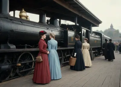 In 1817, a steam locomotive pulls into the station. A group of women stand on the platform, dressed in elegant nineteenth-century clothing, chatting among themselves.