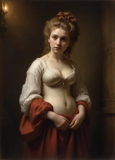 17th century, plump woman, (nude), big breasts, (Yurlyu-berlyu hairstyle:1.5), (Rembrandt style:1.9)