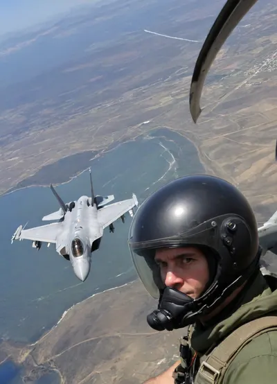 Generar una imagen hiperrealista de un piloto de la Fuerza Aérea de élite, equipado con el traje de vuelo más avanzado y completo, incluyendo un casco con visor de protección y sistema de comunicación integrado, máscara de oxígeno con tanque de oxígeno portátil, guantes de vuelo especializados con protección para las muñecas y palmas, y botas de vuelo resistentes al desgaste con suelas de tracción mejorada. El traje debe incluir el emblema de la Fuerza Aérea en el pecho y el nombre del piloto en la parte posterior del casco. El piloto debe estar de pie frente a un avión de combate de última generación, como el Lockheed Martin F-35 Lightning II o el Northrop Grumman B-21 Raider, con el panel de control del avión visible y los instrumentos de vuelo iluminados, incluyendo el sistema de navegación, el sistema de armamento y el sistema de defensa avanzado. El fondo de la imagen debe reflejar un entorno de base aérea moderna y tecnológicamente avanzada, con hangares de mantenimiento, torres de control de tráfico aéreo y equipos de mantenimiento en acción, incluyendo vehículos de servicio y personal de la Fuerza Aérea en uniforme. La imagen debe transmitir un sentido de profesionalismo, habilidad y concentración, y debe incluir detalles como los sistemas de armamento y defensa avanzados del avión, los tanques de combustible auxiliares y los sistemas de propulsión. El estilo de la imagen debe ser fotorealista, con texturas y reflexos realistas, y debe tener una resolución lo suficientemente alta como para permitir una impresión de alta calidad. La imagen debe ser lo suficientemente detallada como para permitir al espectador apreciar la complejidad y la sofisticación del equipo y la tecnología involucrados en la operación de un avión de combate de última generación. Incluya detalles como el radar de punta, el sistema de alerta de colisión y el sistema de comunicación por satélite. El traje del piloto debe incluir un cinturón de seguridad, un sistema de enfriamiento y un sistema de oxígeno de respaldo. La imagen debe ser generada con una relación de aspecto de y una resolución mínima de 4000 píxeles de ancho. El piloto debe estar mirando hacia el avión, con una expresión de concentración y determinación. La imagen debe incluir una sensación de movimiento y energía, como si el piloto estuviera a punto de subir al avión y despegar. Incluya detalles como el viento soplando suavemente a través del cabello del piloto y la bandera de la Fuerza Aérea ondeando en el fondo. La imagen debe ser lo suficientemente realista como para permitir al egaspectador sentirse como si estuviera allí, en la base aérea, presenciando el despegue del avión de combate.