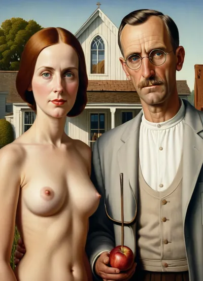 Painting, Grant Wood, American Gothic, the farmer and his wife are naked.
