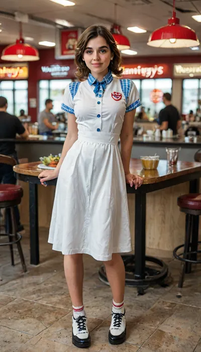 8k, score_9, score_8_up, score_7_up, FILM PHOTOGRAPHY STYLE, cinematic photography of a woman, professional portrait photo realism, light fair skin, full body, body, soft pale white skin, sucked in stomach, soft pale skin, freckles, (seductive face:1.3), vbnm, vbnm5, extra detail in face, extra detail in eyes, blushing, brunette, brown eyes, minute waist, long hourglass figure, hair clips, snatched waist, woman working at diner, wearing waitress uniform, standing near table, looking down at viewer, dress pulled up to waist to completely reveal vagina, wendy's outfit, full body view, <lora:detailed_notrigger:2>, <lora:add-detail-xl:.8>, <lora:LCMTurboMix_Euler_A_fix:.8>, <lora:style_lora_realis:.8>