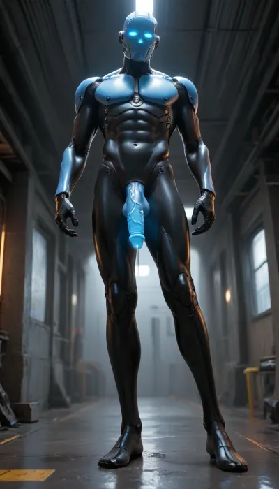 a male robot, robot, not human, dark black and blue plastic body, with a electric blue translucent penis, curved down, flaccid, soft, veiny, dripping blue luminous electric cum, standing, with legs spread wide open, seen from side below, full body image. robot is very tall, imposing, strong, not bulky, athletic, lean but not skinny, 10 feet tall. aggressive and provocative look, menacing. In a futuristic space ship.
