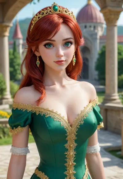Carrion anímate, caricature, mood princess Pixar by 3d cgi model anime atyle, on her back, legs in the air, (pettite:1.5), (god lots of various princess cgi genshin impac Styles, in the background, A beautiful anime princess from a mobil video game with vibrant red hair and short, straight bangs. She has large, big green eyes, a small nose, and a delicate mouth. She wears an elegant lace rubí/emerald green silk outfit with intricate gold embroidery. On her head she wears a golden royal tiara with a large sparkling ruby in the center. She is strolling through the royal gardens and squares of the kingdom of Abul State, surrounded by marble fountains, exotic flowers and fantastic architecture under caatle, cinematic sunlight. 4k 3D quality, high-end video game concept art style.
Video game concept art, anime style, princess with long red hair and bangs, large emerald green eyes, petite facial features, royal green dress with golden ornaments, golden crown with a central ruby, walking through Abul State kingdom gardens and plazas, lush vegetation, fantasy architecture, soft cinematic lighting, vibrant colors, highly detailed, 8k, masterpiece, magic particles in the air), sinonggo, sinonalo, sinonsolus, dsshino, logo of alchemial story
White girl cartoon CGI, She is lifting her tops, revealing her breasts and nipples, Titty drop, flashing her breasts and then wink at the camera. The scene is at a sunny forest. The video is a computer-generated 3D render and Disney stylized. She is depicted in a cartoonish, anime-inspired style with exaggerated features big expressive green eyes, and vibrant colors. The character has a slender, build. She is wearing a light Golden top., <lora:dssinon_a3b:1.5>, different photos in different parts of the kingdom