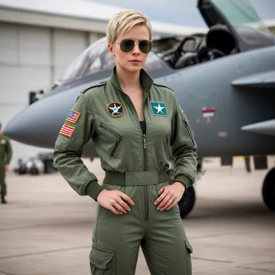 Military airport garage scenery, full-body shot, test pilot before her first flight, blonde straight pixie hair, wearing advanced green military flight suit with large cleacage and classic aviator sunglasses, big boobs, outdoors, standing in front of a prototype F 15 Eagle, masterpiece, photorealistic, high-detail, high quality hands