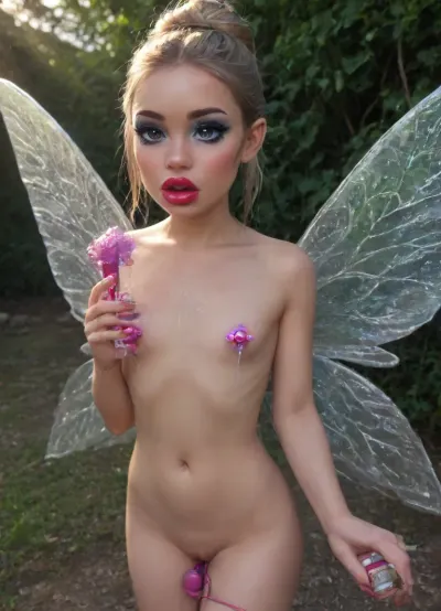 awesome detailing, awesome lighting, nude small petite fairy, detailed blonde hair in messy bun, transparent glittery fairy wings, sparkling eyes, flat chest, (holding a magic vibrator in her hand:1.3), tiny glowing nipples, tiny waist, ((makeup:1.5), long blue eyelashes with eyeliner:1.2), (big lips:1.3), Her body is slightly tilted to the side, one leg is slightly bent at the knee, (purple pussy:1.1), nipple ringsnipple, (purple puffy anus:1.5), (there are, (big anal beads:1.3), sticking out of the anus), nipple ringsnipple slender petite body, slender thin legs, shiny pink tight pussy, purple skin, glowing skin, huge cherry blossoms tree, wild flowers, fireflies, colorful small birds, bush, grass, sunlight, angle from above, (((looking, viewer))), (((splash, pad))), ((spray, water)), ((wet, body)), off, shoulder, see, through, dress, miniskirt, wind, park, trees, fluttering, hair, ribbon, drooling, sweat, shy, blush, open, mouth, moist, skin, underboob, <lora:girllikesplashpad_sdxl:.8>