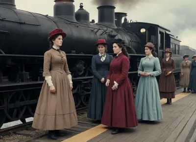 In 1817, a steam locomotive pulls into the station. A group of women in nineteenth-century clothing stand on the platform.