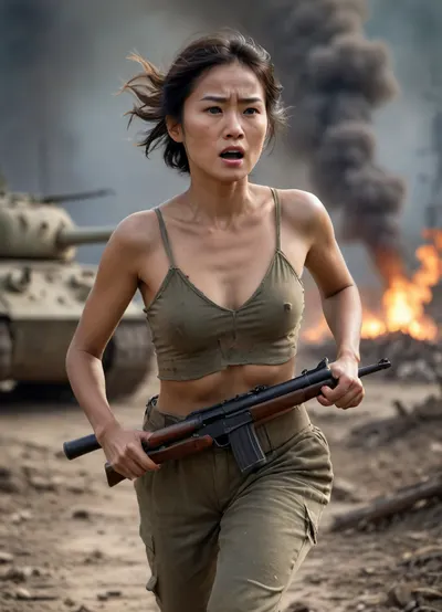 First World War, Frond, tanks, bombed-out landscape. A mature asia woman in torn clothing, half-naked, her face dirty, running, rifle in her hands.